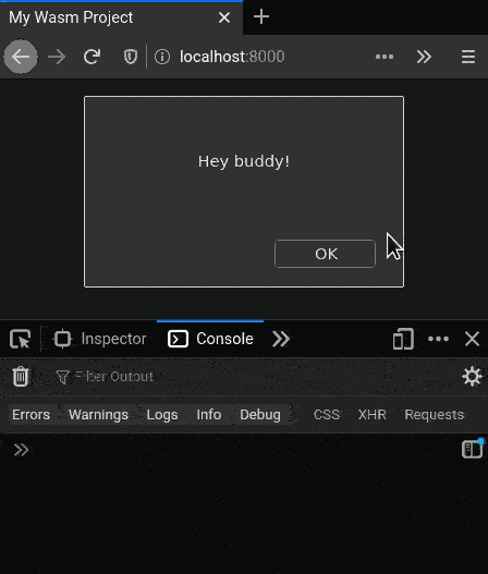 Browser and console output of the manually created Rust Wasm bindings