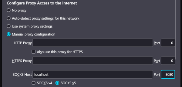 Menu in Firefox for configuring proxy settings